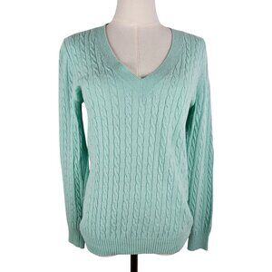 J. Crew V-Neck‎ Sweater Sz Medium Mint Cable Knit Wool Cashmere Blend